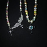 French Retro Pearl Cross Necklace Angel Wings Crystal Green Gem Clavicle Chain
