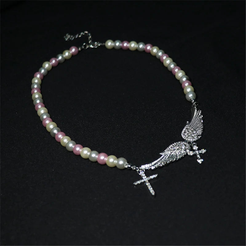 French Retro Pearl Cross Necklace Angel Wings Crystal Green Gem Clavicle Chain