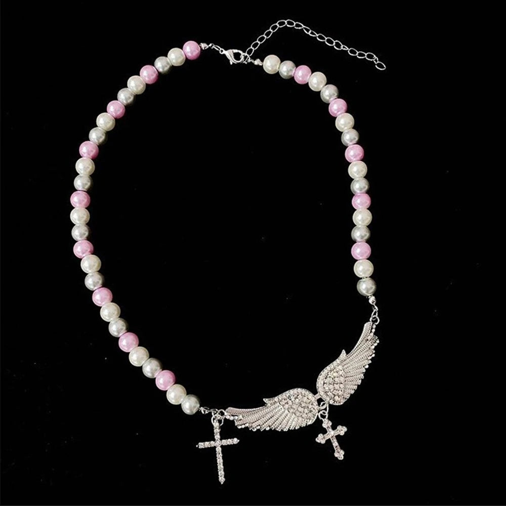 French Retro Pearl Cross Necklace Angel Wings Crystal Green Gem Clavicle Chain