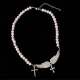 French Retro Pearl Cross Necklace Angel Wings Crystal Green Gem Clavicle Chain