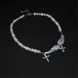French Retro Pearl Cross Necklace Angel Wings Crystal Green Gem Clavicle Chain