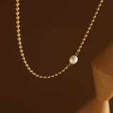 French Freshwater Pearl Bead Chain Necklace Stainless Steel 18k Plated