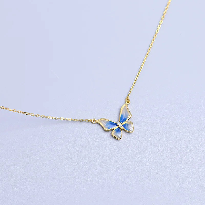 French Gradual Enamel Butterfly Pendant Necklace 925 Silver Plated 14K