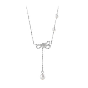French Light Inlaid Zircon Pearl Bow Necklace 925 Sterling Silver