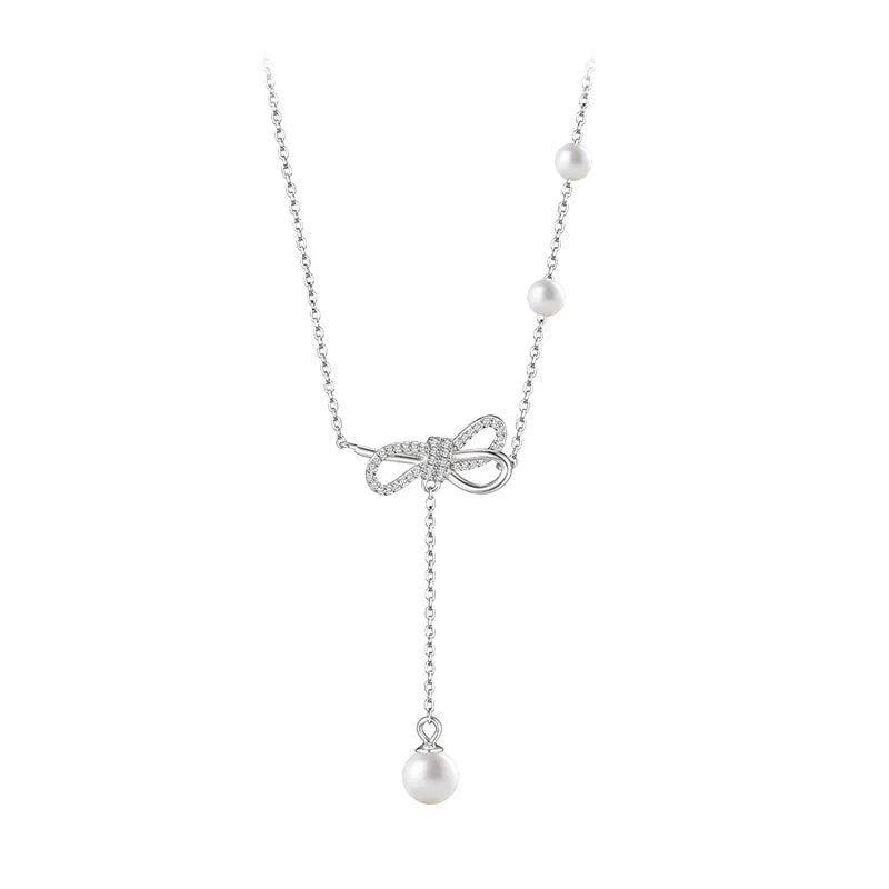 French Light Inlaid Zircon Pearl Bow Necklace 925 Sterling Silver