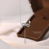 French Light Inlaid Zircon Pearl Bow Necklace 925 Sterling Silver