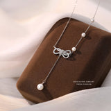 French Light Inlaid Zircon Pearl Bow Necklace 925 Sterling Silver