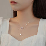 French Light Inlaid Zircon Pearl Bow Necklace 925 Sterling Silver