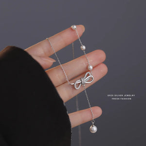 French Light Inlaid Zircon Pearl Bow Necklace 925 Sterling Silver