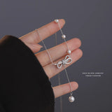 French Light Inlaid Zircon Pearl Bow Necklace 925 Sterling Silver