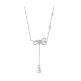 French Light Inlaid Zircon Pearl Bow Necklace 925 Sterling Silver
