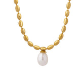 French Light Pearl Pendant Necklace Women Stainless Steel 18k Plated