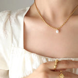French Light Pearl Pendant Necklace Women Stainless Steel 18k Plated