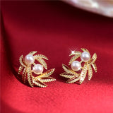 French High Stereoscopic Leaf Texture Pearl Delicate Earrings