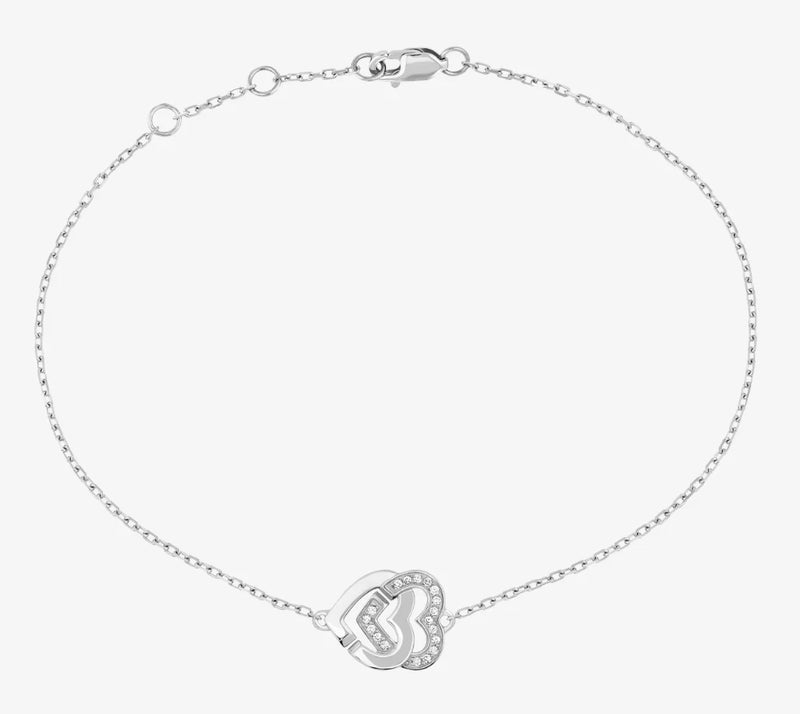 French Jewelry Double Heart Chain Sterling Silver Plated 18K Bracelet