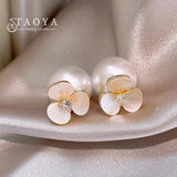 French Shell Flower Pearl Stud Earrings for Women