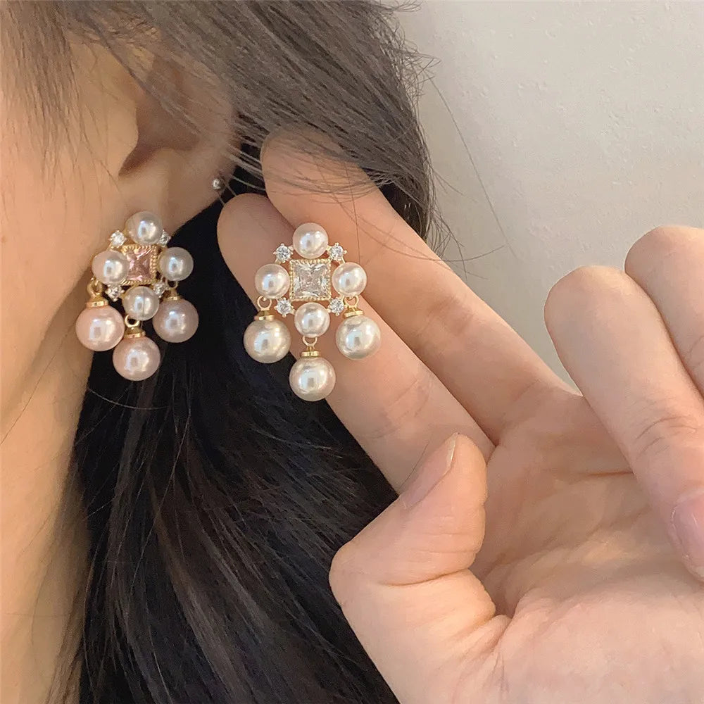 French Vintage Lolita Pearl Zircon Earrings Retro Literary Banquet Accessories