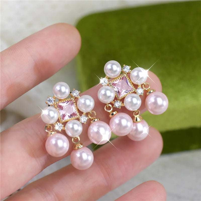 French Vintage Lolita Pearl Zircon Earrings Retro Literary Banquet Accessories