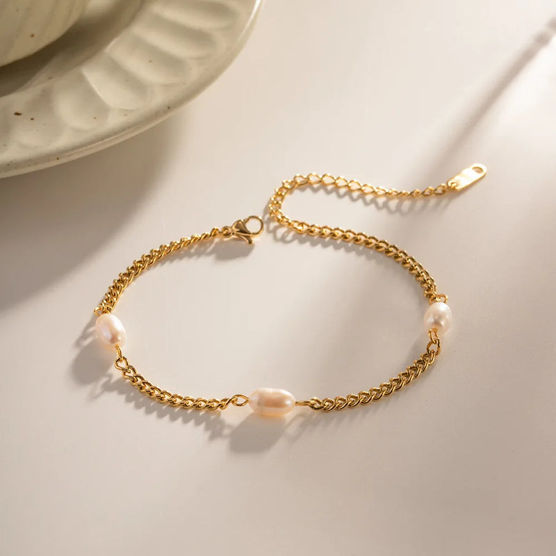 French Natural Freshwater Pearls Stainless Steel Bracelet