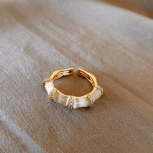 French Zircon Opal Bamboo Ring for Women Adjustable Accessory