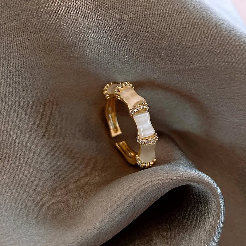 French Zircon Opal Bamboo Ring for Women Adjustable Accessory
