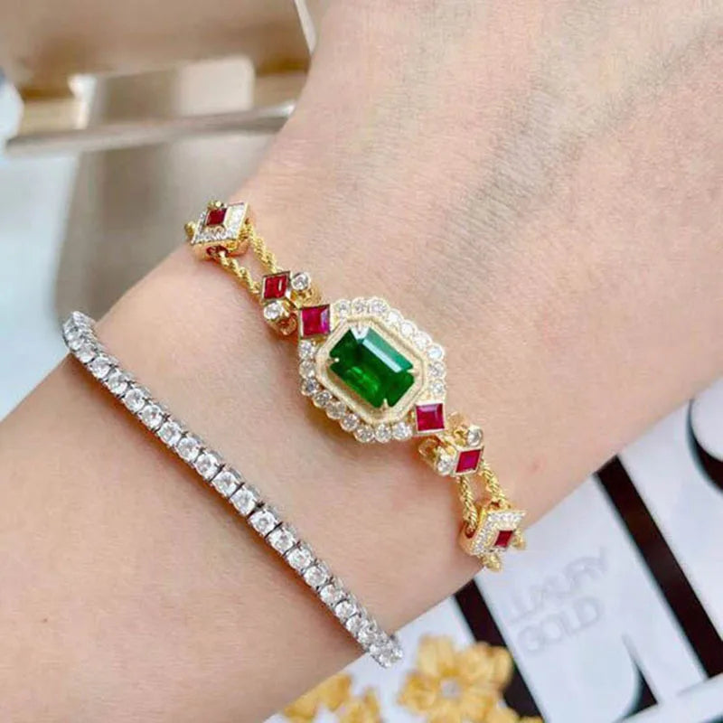 French Inlaid Diamond Simulation Emerald Silver Plated Bracelet