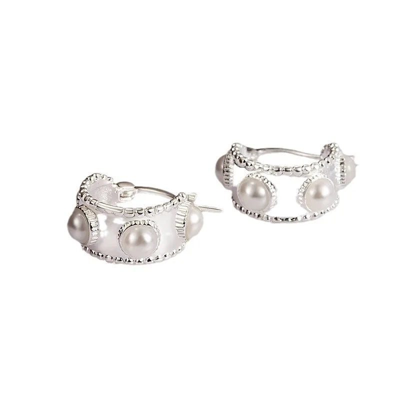 French Pearl Earrings 925 Sterling Silver Ear Buckle Daily Commuting