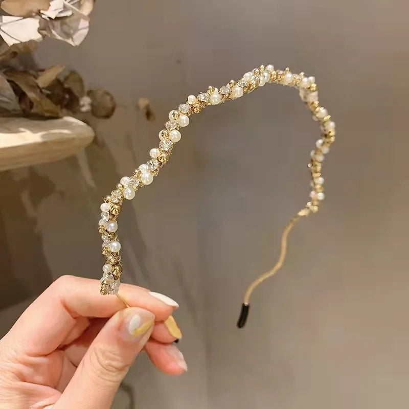 French Pearl Wave Crystal Metal Hair Band for Women
