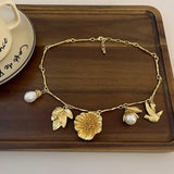 French Retro Petal Pearl Pendant Necklace Chain Leaf Sweater Chain Necklaces