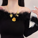 French Retro Petal Pearl Pendant Necklace Chain Leaf Sweater Chain Necklaces
