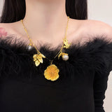 French Retro Petal Pearl Pendant Necklace Chain Leaf Sweater Chain Necklaces