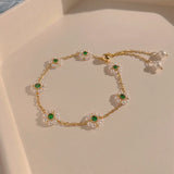 French Retro Green Crystal Pearl Flower Bracelet for Woman