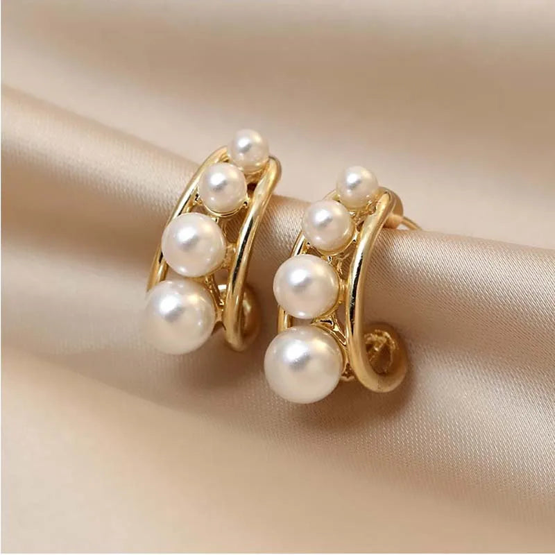 French Retro Pearl Earrings No Hole Female Temperament C Shaped Pearl Clip