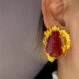 French Retro Large Pearl Stud Earrings Irregular Stone for Women