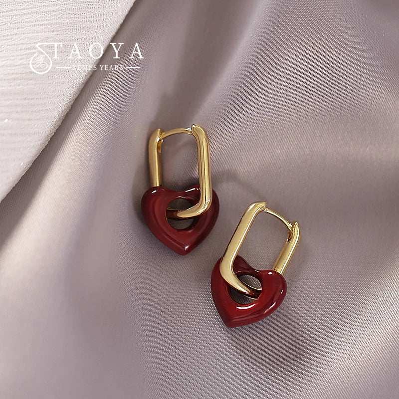 French Retro Romantic Wine Red Heart Pendant Earrings for Woman