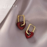 French Retro Romantic Wine Red Heart Pendant Earrings for Woman
