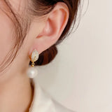 French Retro Zircon Leaf Pearl Ear Buckle Earrings
