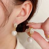 French Retro Zircon Leaf Pearl Ear Buckle Earrings