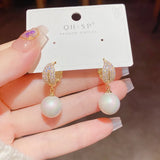 French Retro Zircon Leaf Pearl Ear Buckle Earrings