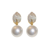 French Retro Zircon Leaf Pearl Ear Buckle Earrings