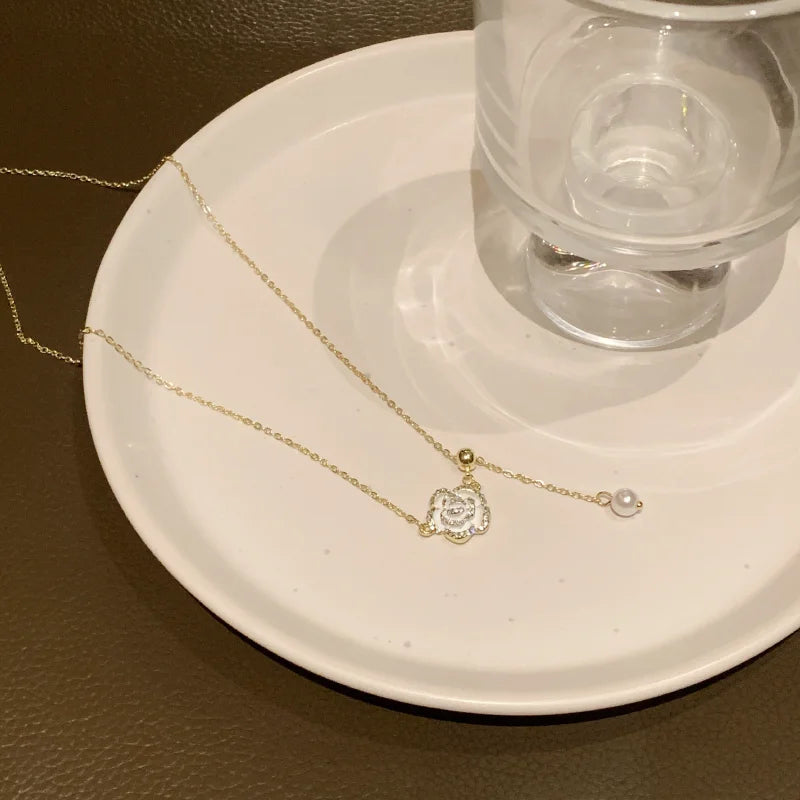 French Romantic Camellia Flower Pendant Necklace for Women