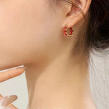 French Romantic Red Oval Zircon Small Hoop Earrings