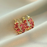 French Romantic Red Oval Zircon Small Hoop Earrings