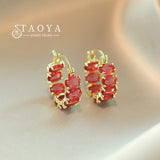 French Romantic Red Oval Zircon Small Hoop Earrings