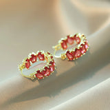 French Romantic Red Oval Zircon Small Hoop Earrings