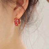 French Romantic Red Oval Zircon Small Hoop Earrings