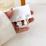 French Romantic Pearl Tassel Clip Earrings Fresh Flower Long Clip Ons