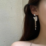 French Romantic Pearl Tassel Clip Earrings Fresh Flower Long Clip Ons