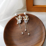 French Romantic Pearl Tassel Clip Earrings Fresh Flower Long Clip Ons