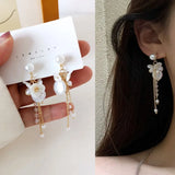French Romantic Pearl Tassel Clip Earrings Fresh Flower Long Clip Ons